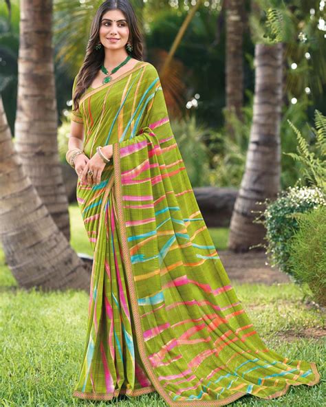 Vishal Prints Olive Green Printed Digital Print Georgette Saree With F