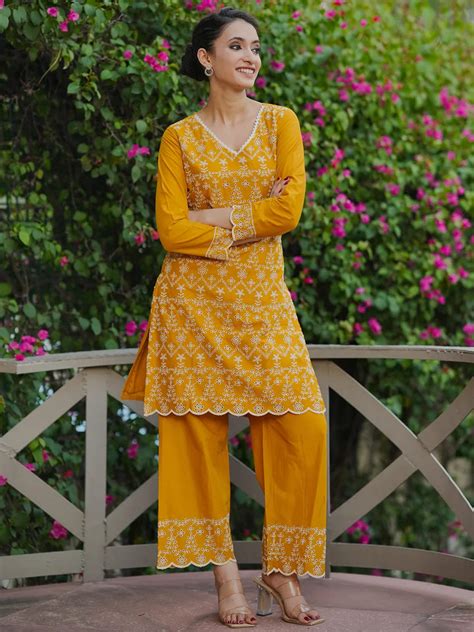 Buy Mustard Embroidered Cotton Co-Ords Online at Rs.1699 | Libas