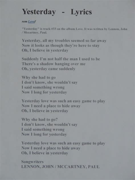 Yesterday - lyrics Beatles song from album "Love", written by John Lennon and Paul Mccartney ...