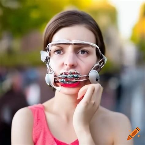 Sad young woman wearing orthodontic headgear braces in public on Craiyon