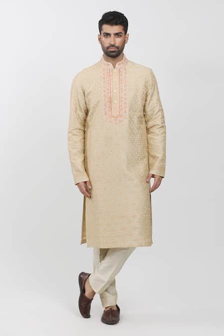Buy Beige Tussar Cut Work Block Printed Kurta Set For Men by Krishna ...