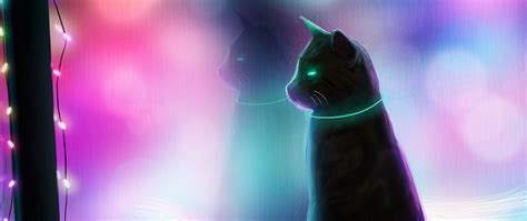 Download wallpaper 2560x1080 cat, art, garland, window, colorful dual ...