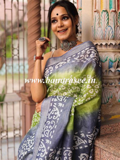 Bhagalpur Handloom Pure Linen Cotton Hand-Dyed Batik Pattern Saree-Gre