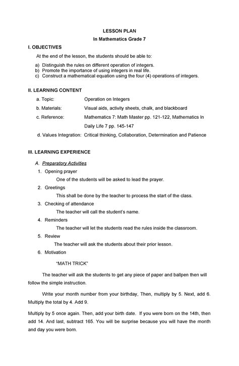 Image result for Lesson Plan in Math 7With Annotation