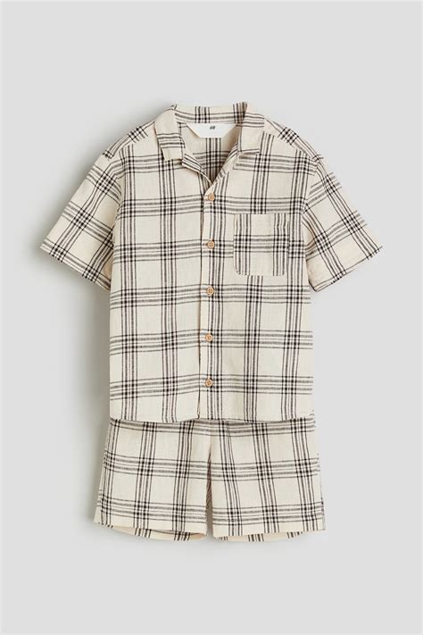 2-piece linen-blend set - Light beige/Checked - Kids | H&M IN