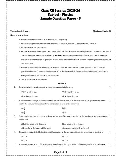 Class XII Physics Sample Question Paper 5 - 3 Hours, 70 Marks - Studocu