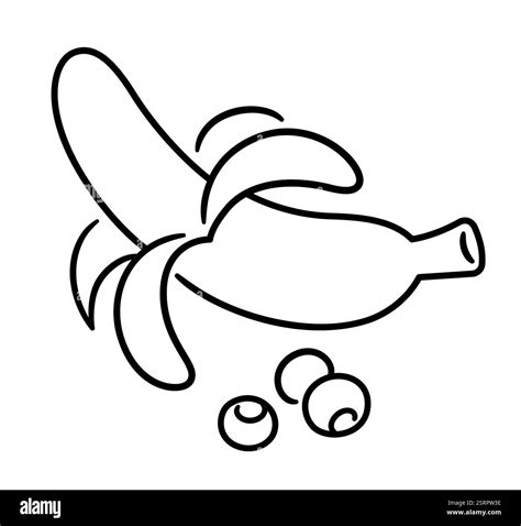 Peeled banana and blueberries, hand drawn doodle icon. Black and white ...