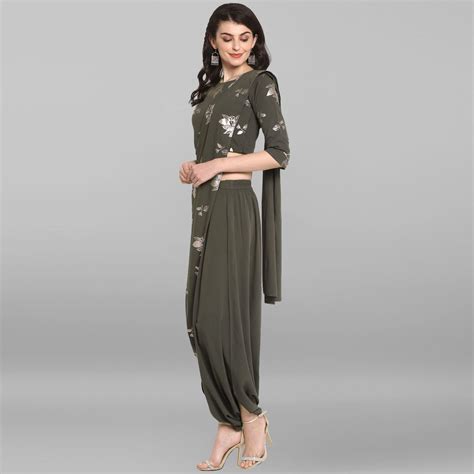 Buy Janasya Indian Round Neck 3/4 Sleeve Botanical Print Olive Green ...