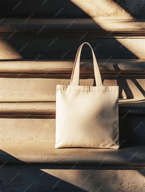 Tote bag mockup template on concrete stairs with sunlit deep shadows ...