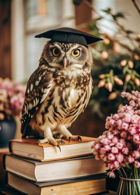 An intelligent owl wearing a graduation cap perched on a stack of books ...
