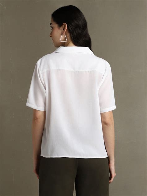 DL Woman White Solid Lapel Collar Half Sleeves Shirt – DENNIS LINGO