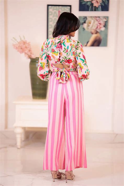 Pink Floral Co-Ord Set | Top & Striped Pants | Pretty Pixie