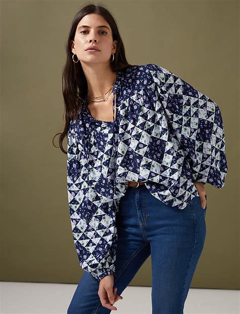 Buy Geometric Tie Neck Puff Sleeve Blouse at Marks & Spencer