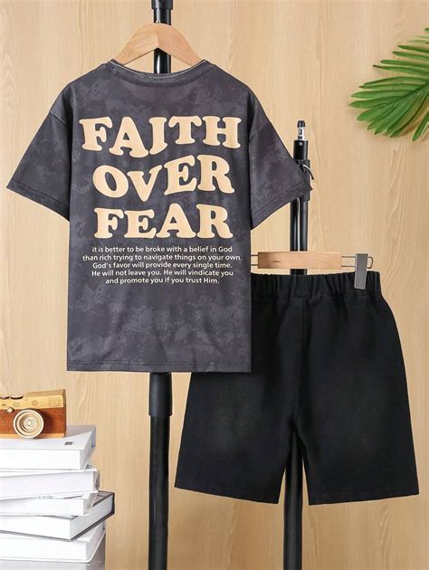 2pcs/Set Casual Letter Print T-Shirt & Denim Shorts Outfit For Older ...