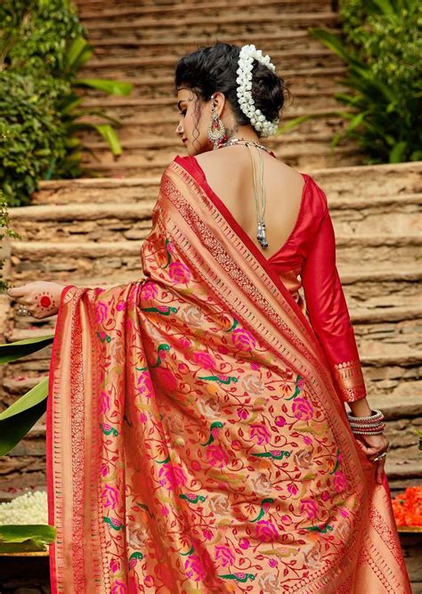 Ruby Red Woven Brocade Paithani Silk Saree – zarikaariindia.com