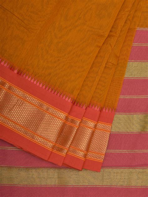 Mustard Bamboo Cotton Plain Saree with Narayanpet Border Design No Blo ...
