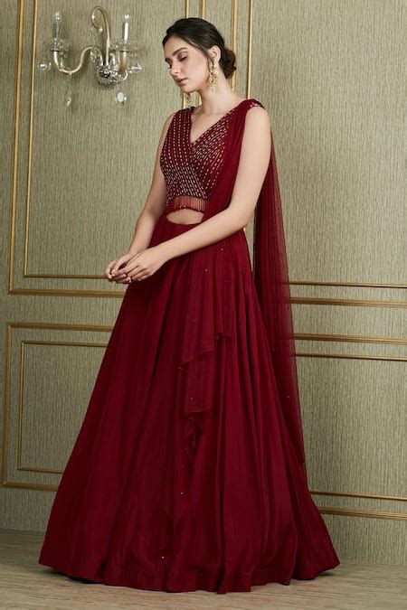 Buy Red Tussar V Neck Draped Gown For Women by Charu And Vasundhara ...