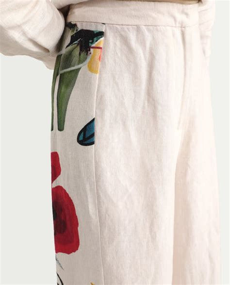 Buy Bazper-B - Off White Solid Linen Wide Trouser With Printed Panel ...