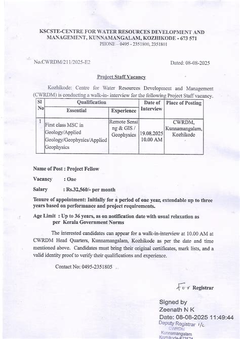 Project Staff Vacancy | CWRDM - Centre for Water Resources Development ...