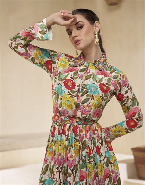 Shaadi Party Floral Multi-Color Crepe Fusion Palazzo Co-ords With Belt ...