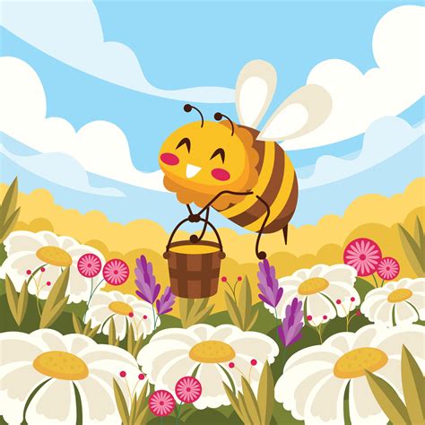 Smiling Bee at Flower Field Collecting Honey 2881693 Vector Art at Vecteezy