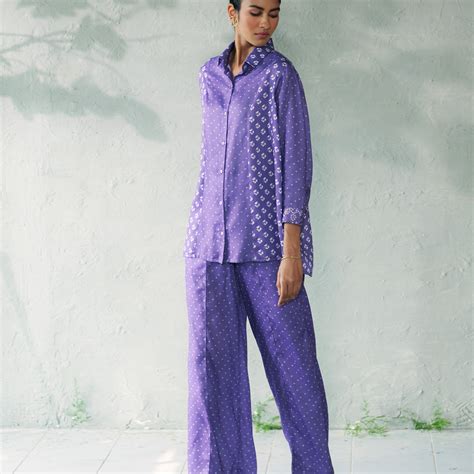 Purple Bandhani Coord Set for Women – Shirt & Straight Pants – Canoopi