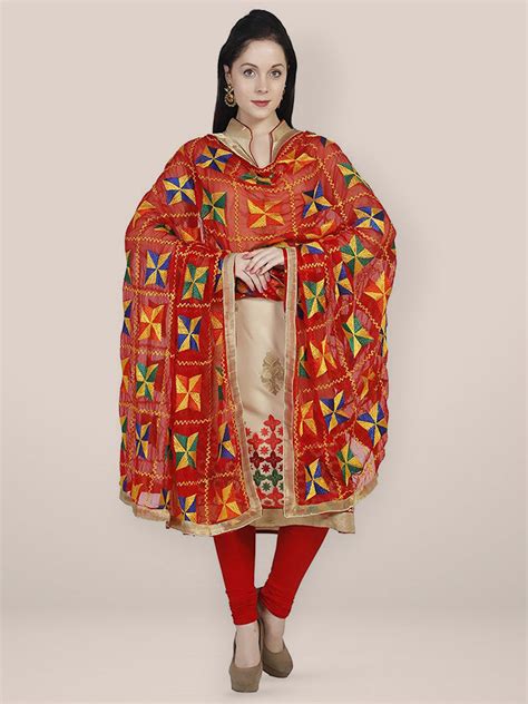Red and Multicolour Chiffon Phulkari Dupatta Dupatta Bazaar
