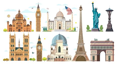 A collection of famous landmarks including the Great Pyramid of Giza the Statue of Liberty the ...