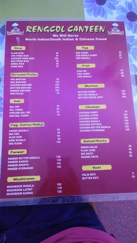 Menu at Rengcol Canteen, Rourkela