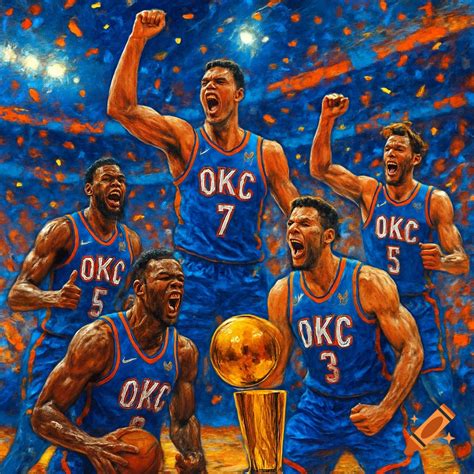 Five male basketball players in blue OKC jerseys celebrate a ...