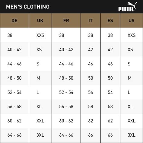 Puma clothing size chart online