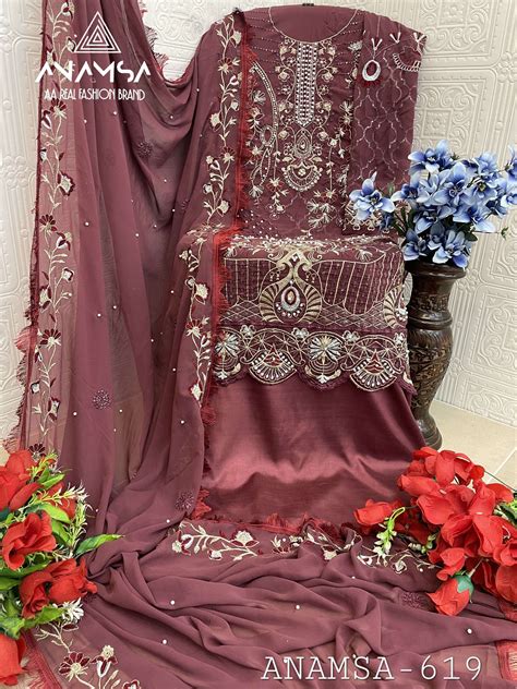 ANAMSA - 619 PURE FOX GEORGETTE BEAUTIFUL DESIGN HEAVY EMBROIDERED ...