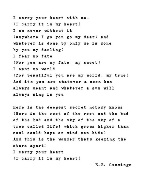 E.E. Cummings - I Carry Your Heart With Me - Poetry Wall Art - White ...
