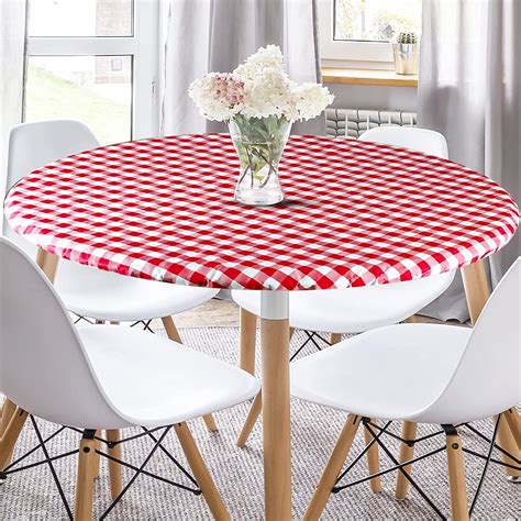 Sorfey Round Dining Table Cover Fitted Checkered Vinyl Table Cloth, Red ...