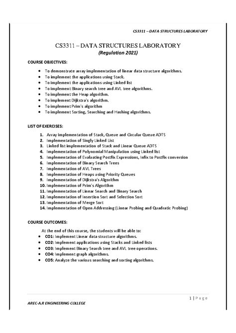 CS3311 - DATA Structures LAB Manual - 1 | P a g e AREC-A ENGINEERING ...