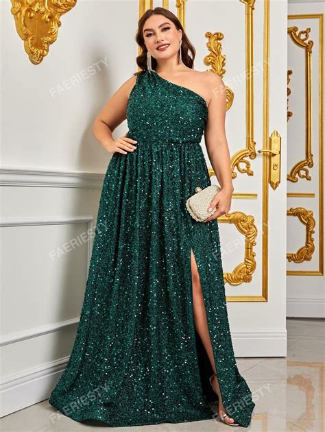 Plus Asymmetrical Neck Split Thigh Sequins Prom Dress, Elegant Formal ...