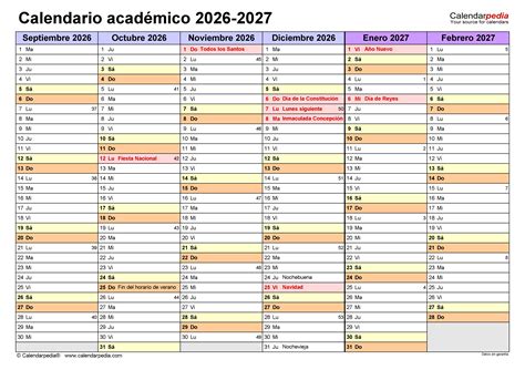 Calendario académico 2026-2027 en PDF, Excel y Word