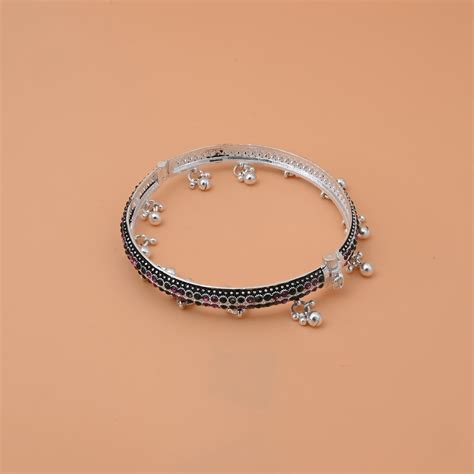 Traditional Silver Kada Payal with Black Border, Pink & Green Stones ...