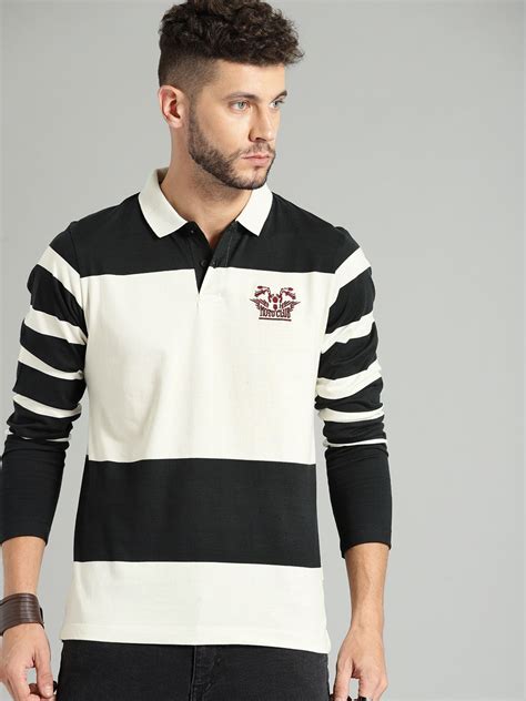 The Roadster Lifestyle Co Men White & Black Striped Polo Collar T-shirt ...