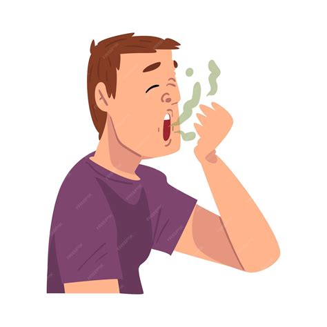 Premium Vector | Young man breathing to his hand to check and smell his ...