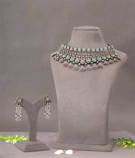 American Diamond Choker with Mint Green Stone Black Rhodium Polish 14 ...