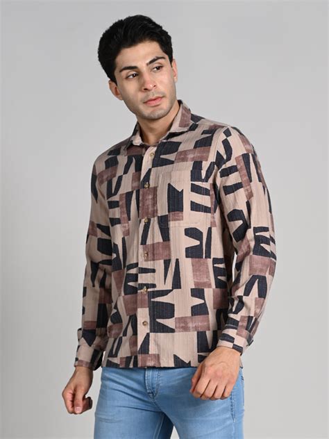 Full Sleeves Slim Fit Beige All Over Abstract Geometric TexturedPrint ...