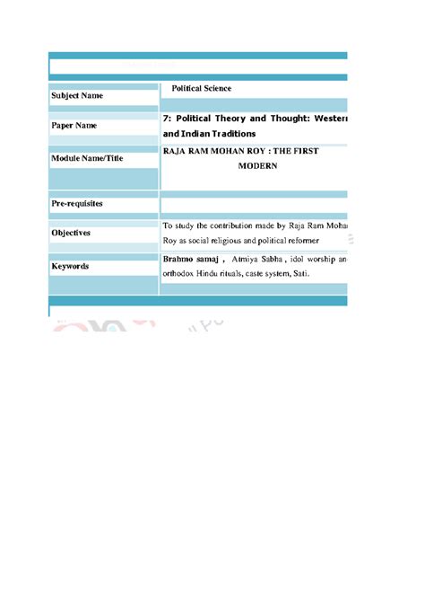 Raja rammmohan roy - gugk - Module Detail Subject Name Political ...