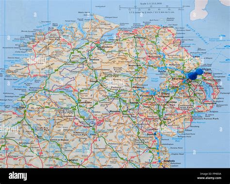 Road map of Northern Ireland, with a map pin indicating Belfast, in ...