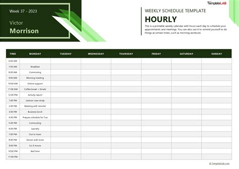 Blank Weekly 25 Hour Calendar Template Excel
