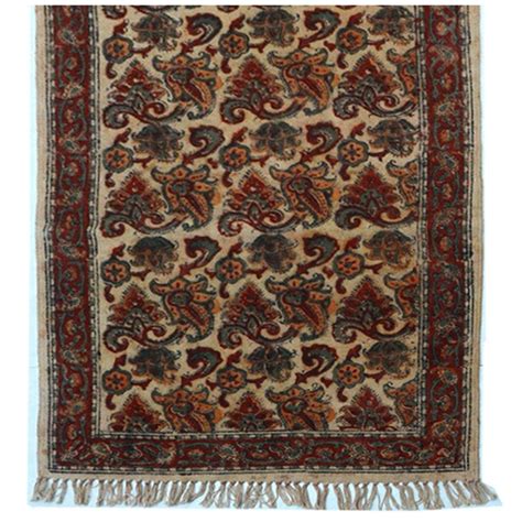 Cream and Maroon Kalamkari Dhurrie with Block Printed Floral Pattern ...