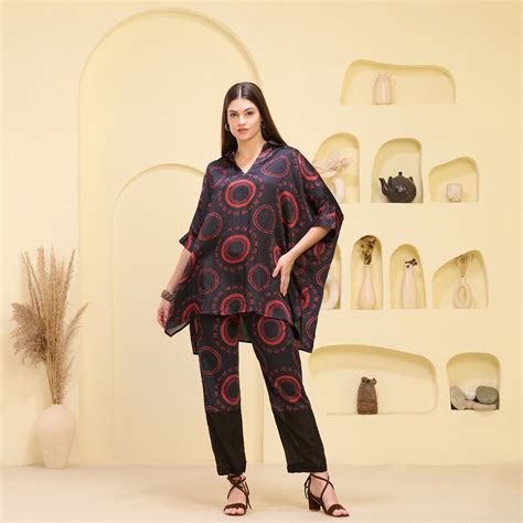 Black and Red Maa Print Embellished Kaftan Top and Straight Trouser Se ...