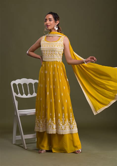 Buy Lemon Yellow Threadwork Georgette Readymade Sharara Suit - Koskii