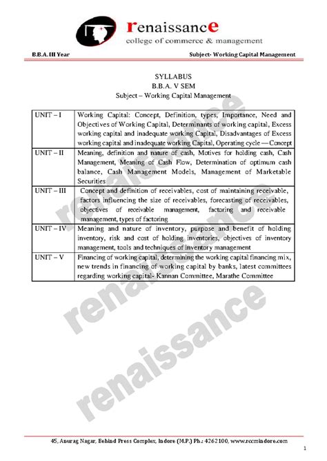 B.B.A. V SEM Working Capital Management Syllabus and Key Concepts - Studocu