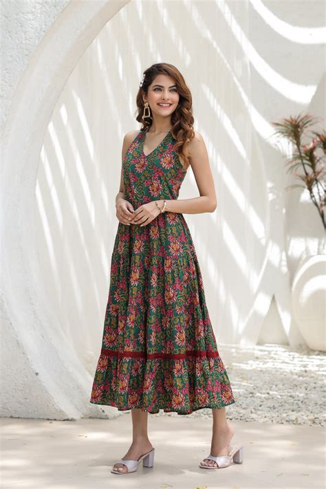 Women Green & Maroon Floral Printed Cotton A Line Ethnic Dresses – Rain ...